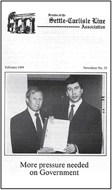 Brian Sutcliffe in 1988 presenting the then Transport Minister, Michael Portillo M.P., with FoSCLA’s financial analysis of the line.